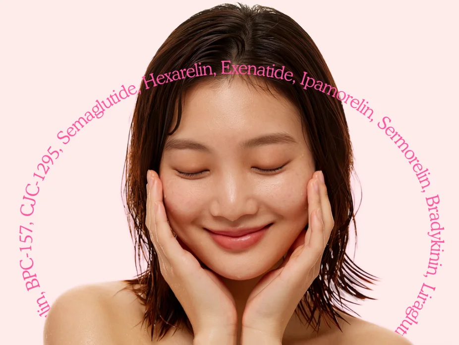 A woman smiling softly, framed by a ring of peptide names