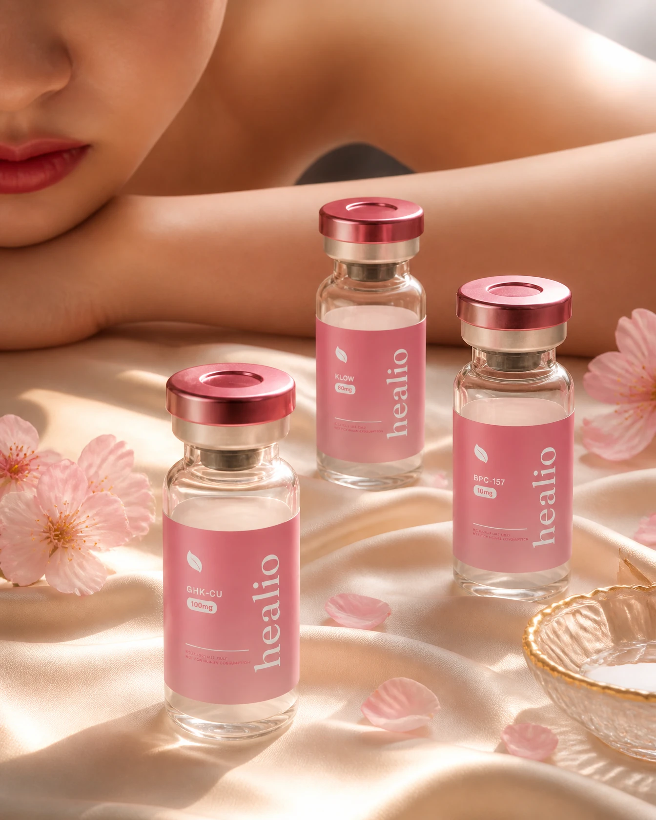 Healio peptide vials arranged on cream silk with cherry blossom petals