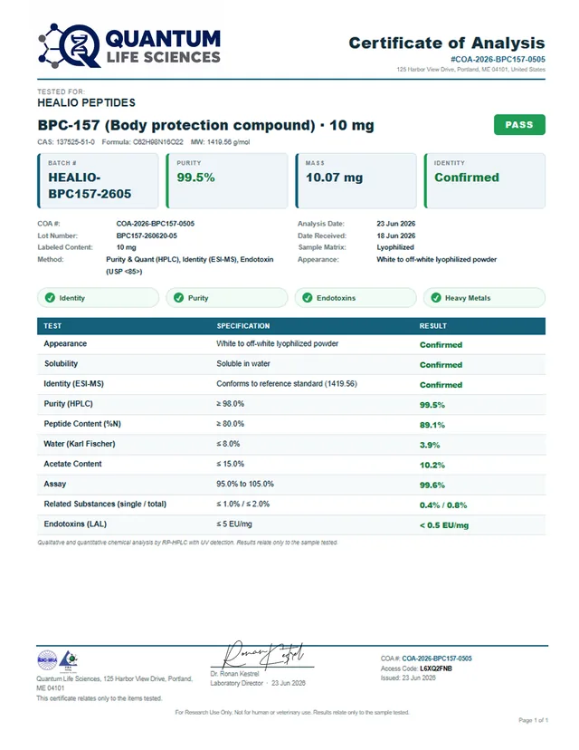 Certificate of analysis for BPC-157