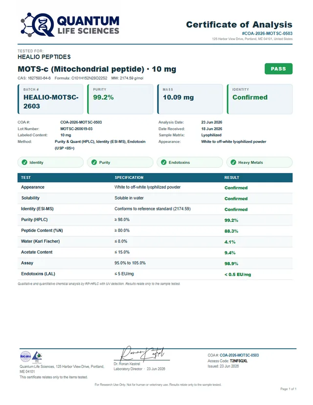 Certificate of analysis for MOTS-c